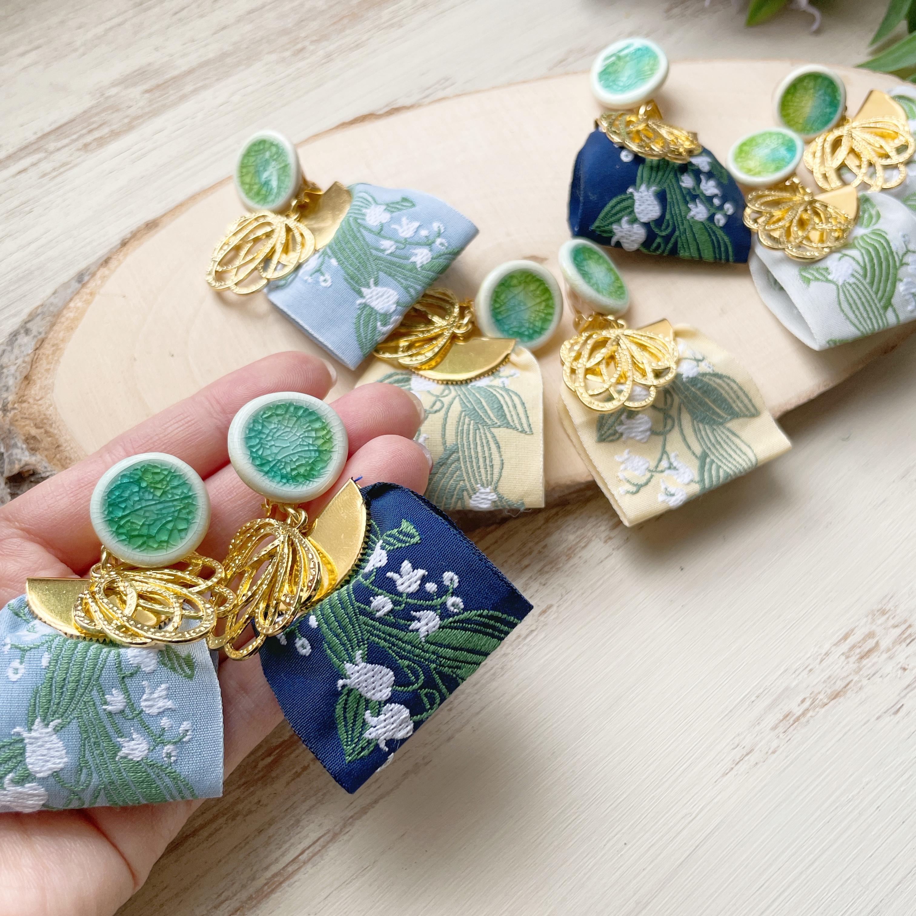 陶器×琉球ガラス-すずらん刺繍リボン- Green Forest  ピアス・イヤリング1枚目の画像